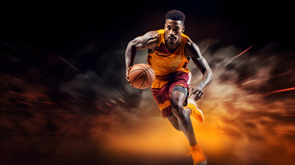 Basketball player runs with ball in hand, high speed motion blur