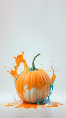 Creative 3D orange pumpkin design with splash of paint. Minimal Halloween autumn design with copy space.