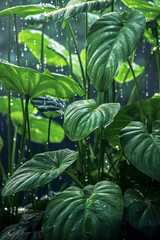 Obraz premium Close-up of Wet Leaf with Water Droplet in Lush Rainforest.