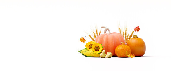 Autumn seasonal concept with pumpkins and fall decorations on white background 3d render 3d illustration