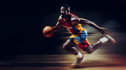 Fototapeta na wymiar Basketball player running in action, motion blur background