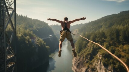 Man bungee jumping in the mountains