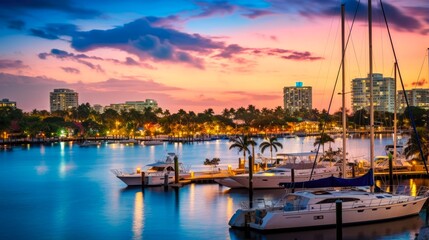 Naklejka premium Luxury Skyline of Ft Lauderdale, Florida at Sunrise and Sunset - Aerial Panorama View of Downtown, Resort, Dock, and Sailboats