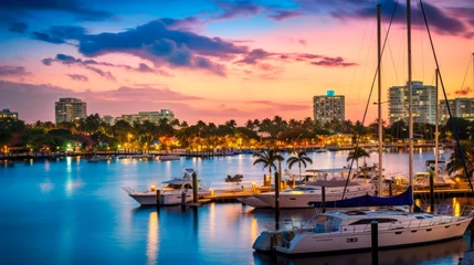 Foto op Aluminium Luxury Skyline of Ft Lauderdale, Florida at Sunrise and Sunset - Aerial Panorama View of Downtown, Resort, Dock, and Sailboats © AIGen