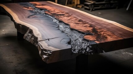 Live Edge Coffee Table with Unique Natural Countertop. Handcrafted Wood Furniture for Loft or Home Interior Detail. Carpentry joinery shop production - obrazy, fototapety, plakaty