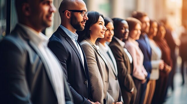 Group Of Young Professionals In Diverse Casual Attire Standing In Line For New Office. Close Up Image Of A Row Of Business People Waiting