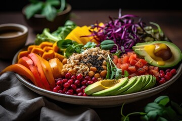 A vibrant and colorful plate of plant-based food, showcasing the variety and deliciousness of vegan...