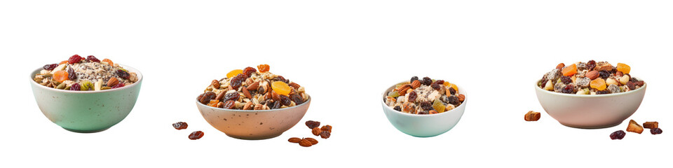 A bowl with cereal made of chia seeds nuts and dried fruit on a transparent background - Powered by Adobe