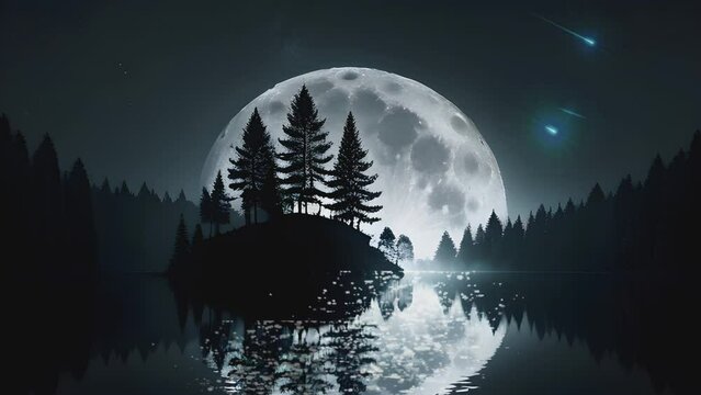 night landscape with super moon, silhouette of trees, and water reflection. Cartoon or anime illustration style. seamless looping 4K time-lapse virtual video animation background.