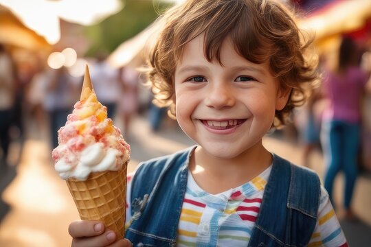 boy eating ice cream cone at street market