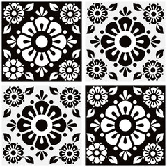 Mexican talavera cute floral tile vector seamless pattern with black and white flowers and leaves backround, retro home decoration
- 642030801