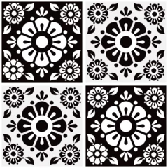 Stof per meter Mexican talavera cute floral tile vector seamless pattern with black and white flowers and leaves backround, retro home decoration  © redkoala
