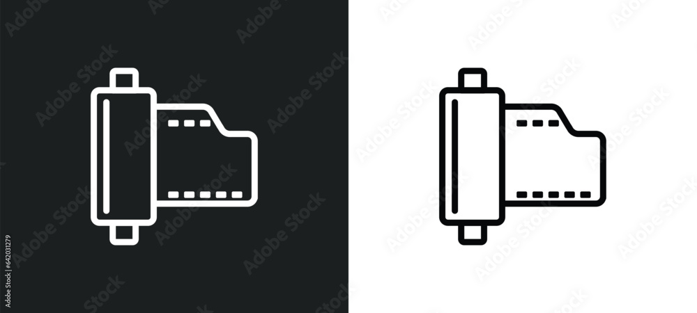 Poster camera roll icon isolated in white and black colors. camera roll outline vector icon from cinema col