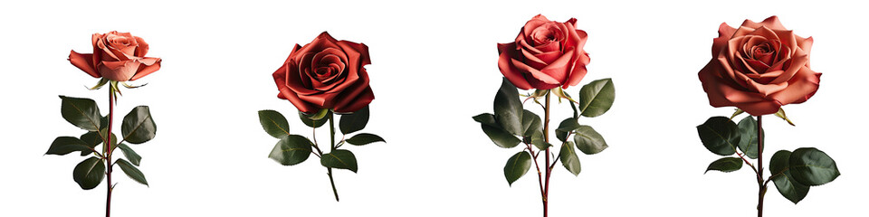 Red rose isolated on a transparent background with green leaves
