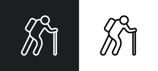 hiking icon isolated in white and black colors. hiking outline vector icon from free time collection for web, mobile apps and ui.