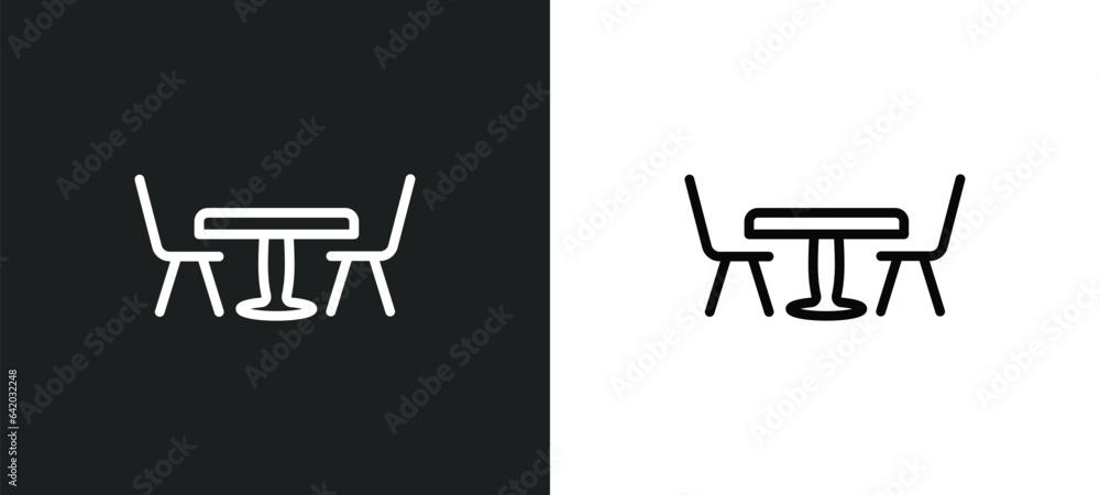 Poster table with chair icon isolated in white and black colors. table with chair outline vector icon from 