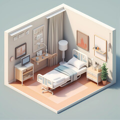 3d isometric modern hospital room with medical equipment and bed - obrazy, fototapety, plakaty