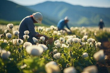 Farmers working on a field of white poppies in summer - obrazy, fototapety, plakaty