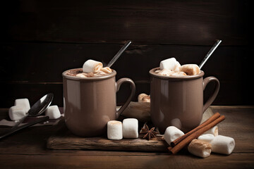 A Cozy Festive Sip: A sweet, rustic cocoa dessert in a mug, garnished with marshmallows and cinnamon, exuding a warm, delicious aroma.