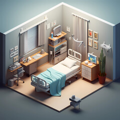 Isometric minimalist hospital room with medical equipment and bed