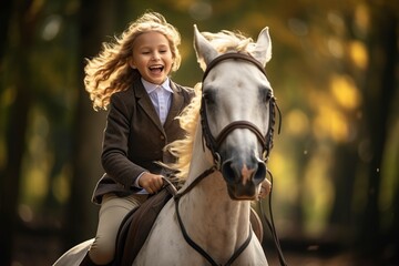 Obraz premium cute happy girl riding a beautiful horse