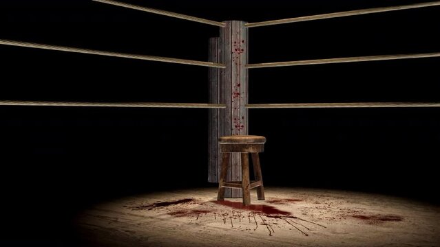 An abstract concept of the grim world of boxing, where blood stains the canvas, the ring, and a lone wooden stool in the corner.