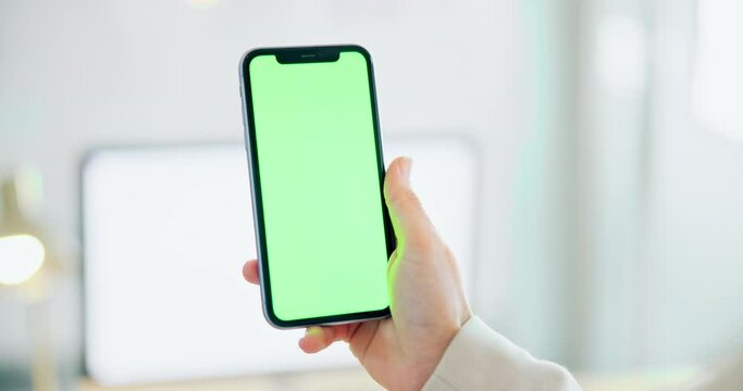 Green screen phone, app or hand with a website for contact, communication or social media. Mockup space, closeup and a mobile for digital information, conversation or advertising of news or tech