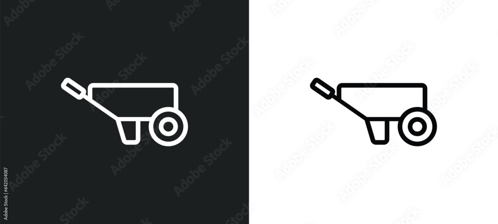 Poster wheelbarrow icon isolated in white and black colors. wheelbarrow outline vector icon from history co