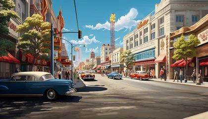 Zelfklevend Fotobehang hyperrealistic cartoon of an alternate sci-fi reality of tesla technology in the 1950's downtown Anaheim California on a crowded street during a clear day © Nithish