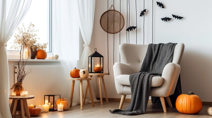 Interior design cozy corner Halloween theme. Pumpkin, jack, jack-o-lantern, minimalist famous style. Black, white, cream, grey, orange original spooky colors. AI generative.