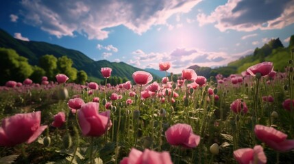 Flowering opium poppy (Papaver somniferum) on a field  - obrazy, fototapety, plakaty