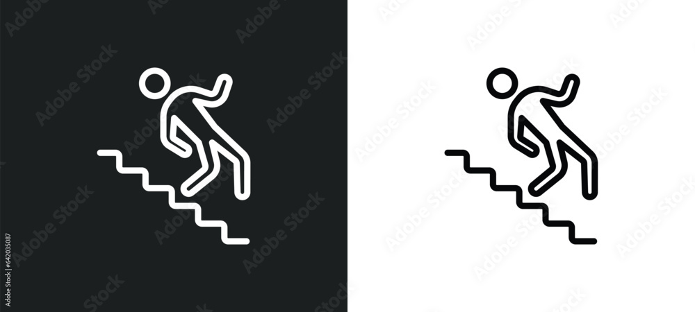 Poster falling from stairs icon isolated in white and black colors. falling from stairs outline vector icon