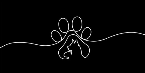 Paw continuous line drawing. One single hands drawn contour dog. Design prints. Mark footprint oneline. Black lineart sketch isolated on black background. Vector illustration