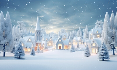Vintage Christmas village with snowy forest in the background. Christmas Holidays. Generative Ai