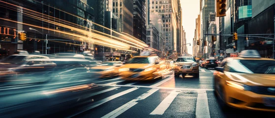 Keuken foto achterwand New York taxi Cars in movement with motion blur. A crowded street scene in downtown big cities. Generative Ai