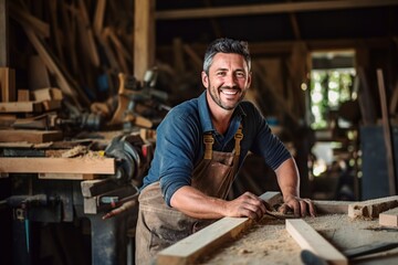 happy skilled carpenter holding a hammer and saw