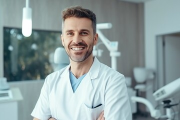 happy confident dentist in a white coat examining