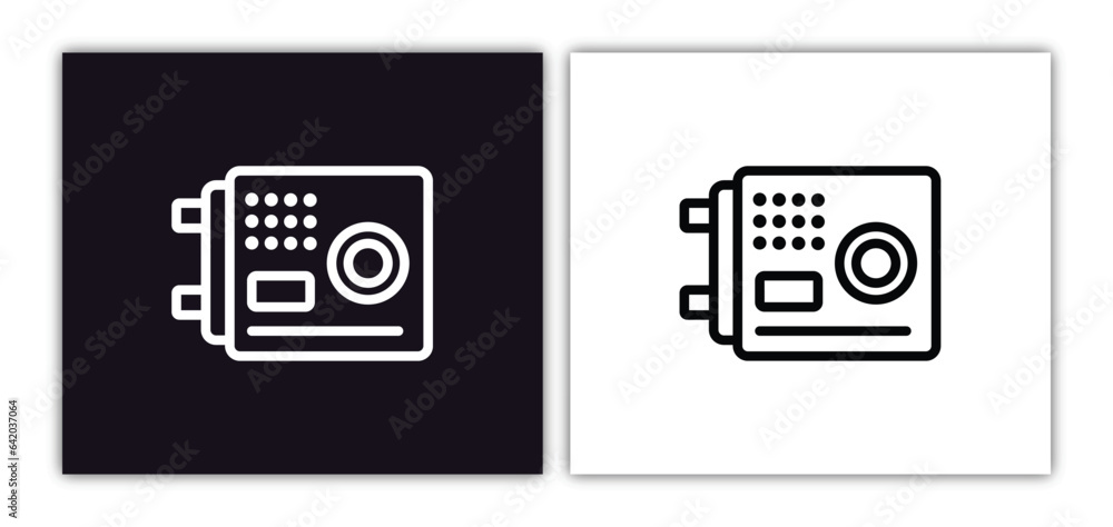 Poster big safe box icon isolated in white and black colors. big safe box outline vector icon from airport 