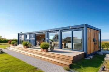 Fototapeta na wymiar storage container tiny home conversion, modular house with flat roof, panoramic double doors, generative ai