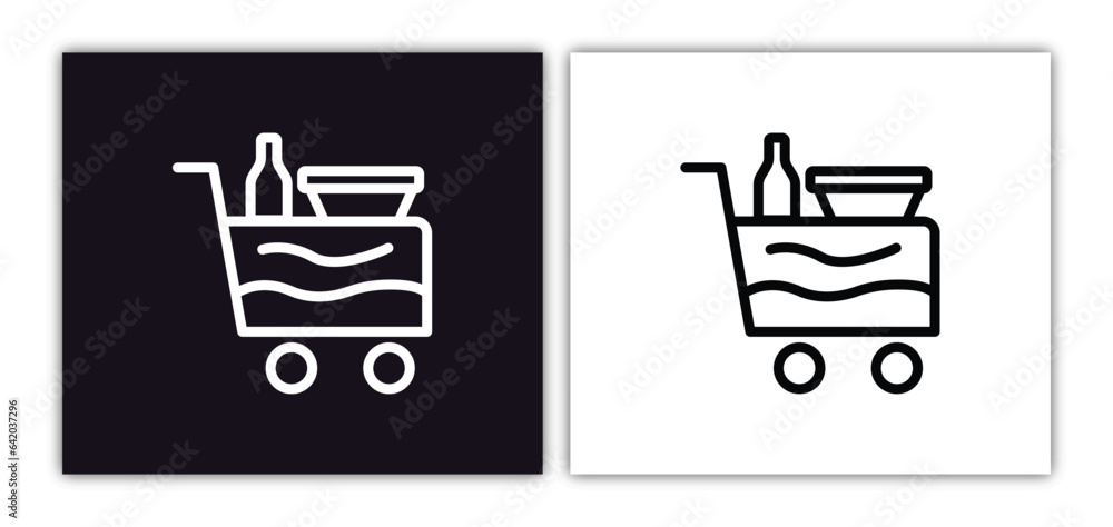 Poster trolley with food icon isolated in white and black colors. trolley with food outline vector icon fro