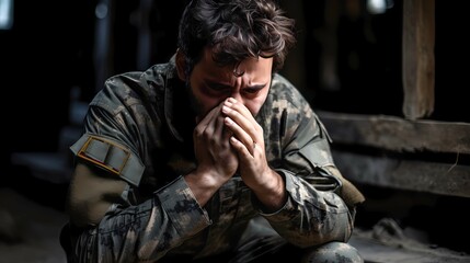 Obraz premium ptsd , A post-traumatic soldier sits sad after a battle in a flashback AI generated 