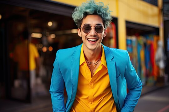 Smiling Asian man with blue hair, yellow shirt and blue jacket, is smiling in the city.