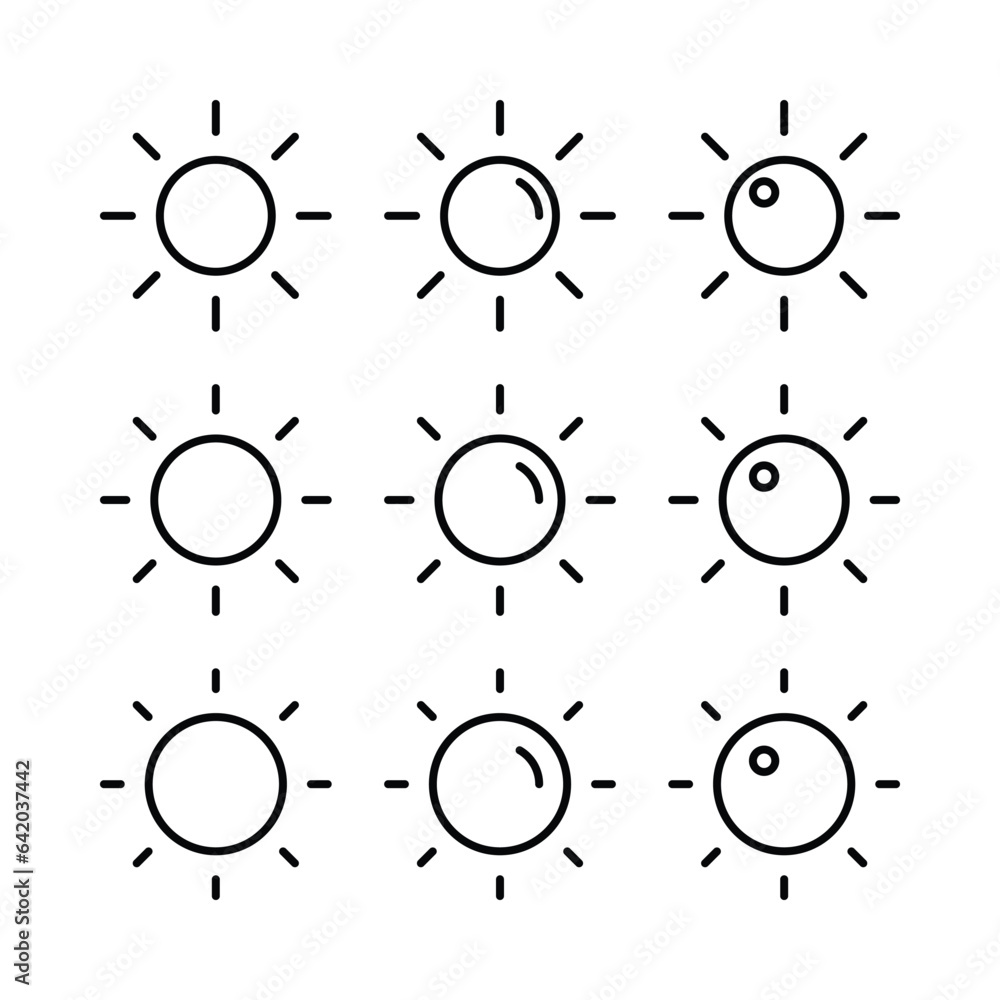Poster sun icon set, brightness setting symbol. simple and modern design, vector for app and web.