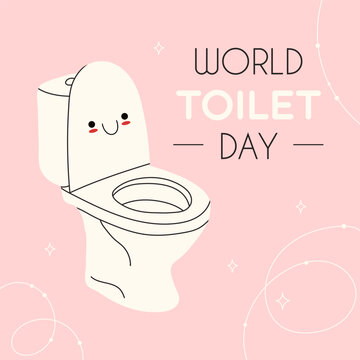 World Toilet Day. November 19. Template for background, banner, card, poster with text inscription. White toilet bowl with a kawaii face on a pink background. Hand drawn colored Vector set. 