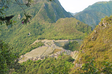 Amazing Aerial View of Condor Shaped Machu Picchu Incas Citadel Ruins with Large Groups of Visitors...
