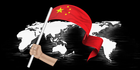 3D illustration. Hand holding flag of China on a fabric ribbon of the world on black background.