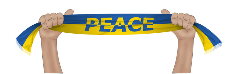 3D illustration. Hand holding flag of Ukraine on a fabric ribbon background, the concept of peace in Ukraine. Stop world war.
