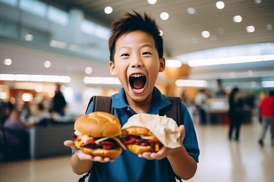 asian boy holds and eats a pulled pork sandwich