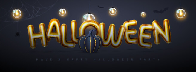 Halloween holiday background with 3D gold metallic letters, pumpkin and electric lamps. Vector illustration
