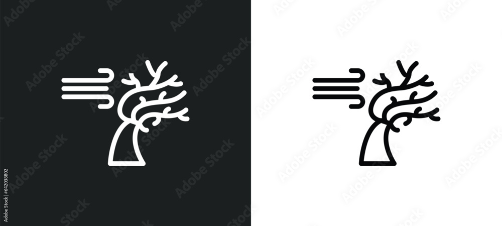 Poster wind and bend trees icon isolated in white and black colors. wind and bend trees outline vector icon